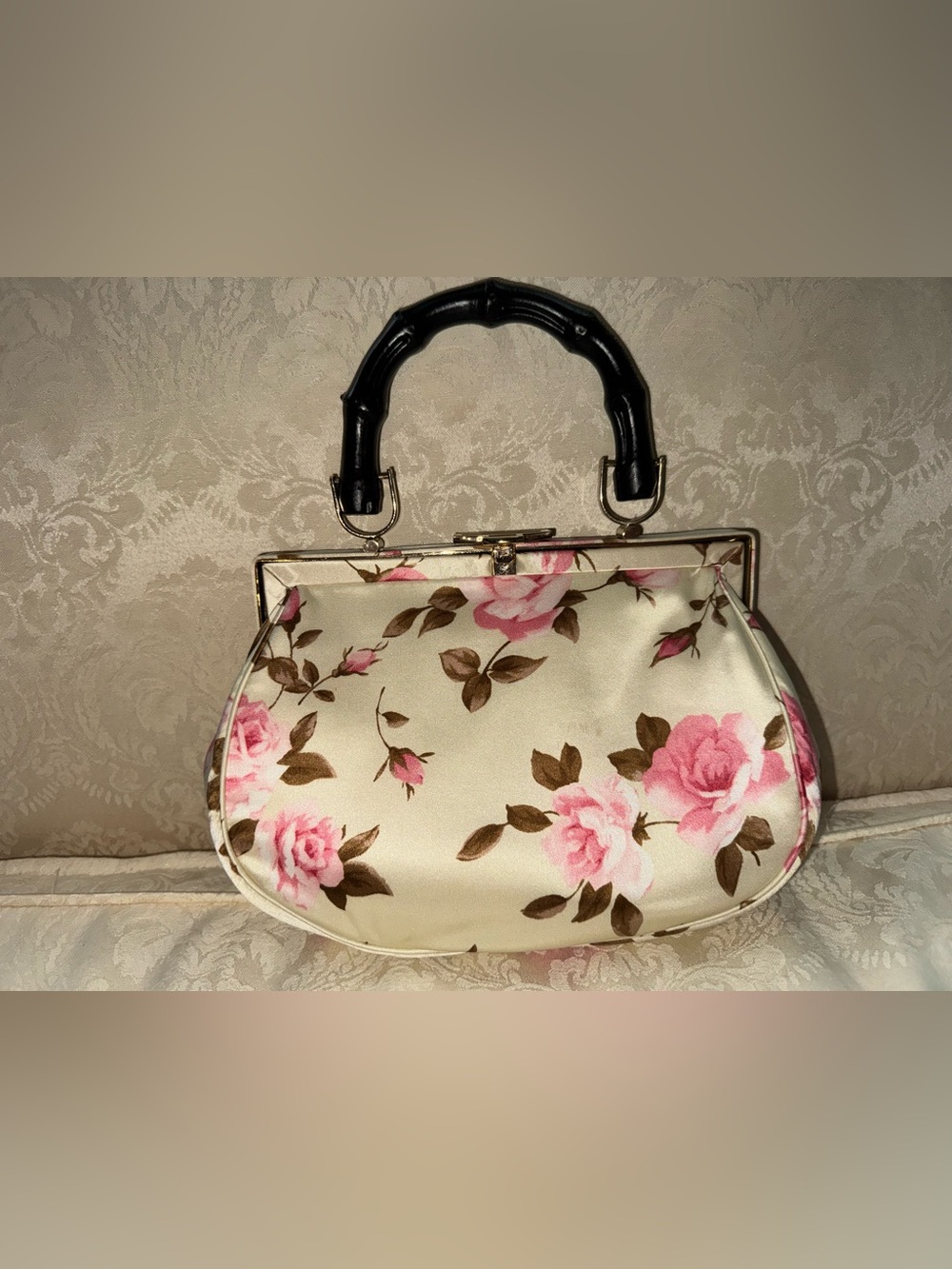 Banana Republic Cream Satin Floral Top-Handle Clutch with Black Handle
